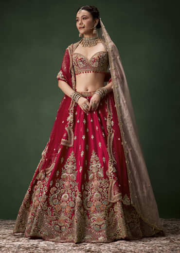 Red Raw Silk Bridal Lehenga Set with Two Dupattas