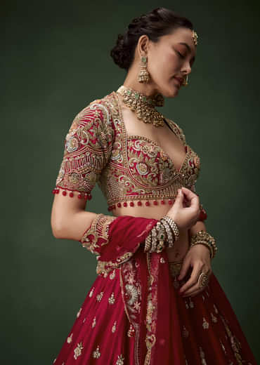 Red Raw Silk Bridal Lehenga Set with Two Dupattas