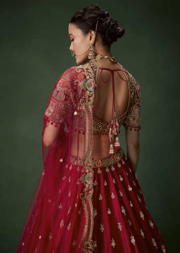 Red Raw Silk Bridal Lehenga Set with Two Dupattas