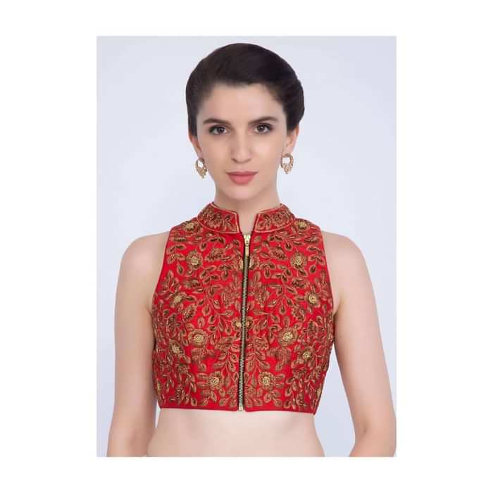 Red Blouse In Raw Silk With Mandarin Neck And Front Zip Opening Online - Kalki Fashion