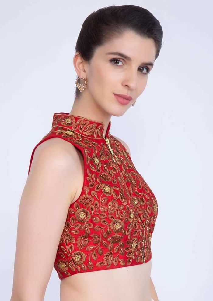 Red Blouse In Raw Silk With Mandarin Neck And Front Zip Opening Online - Kalki Fashion