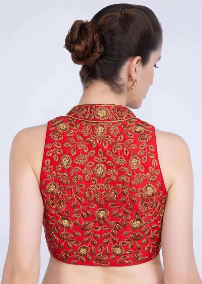 Red Blouse In Raw Silk With Mandarin Neck And Front Zip Opening Online - Kalki Fashion