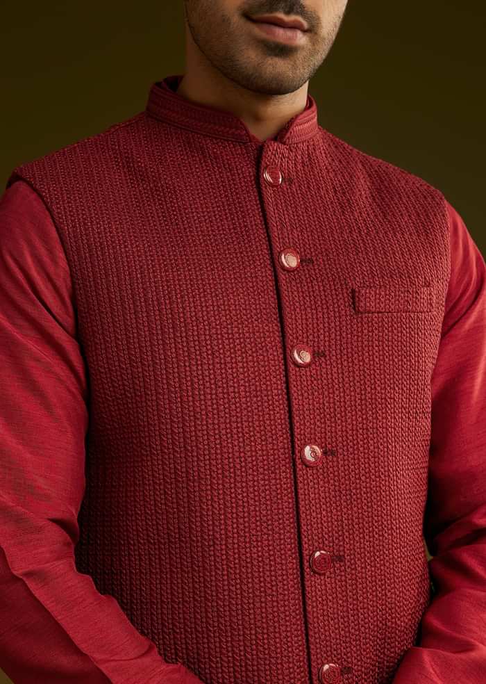 Red Rayon Kurta Jacket Set