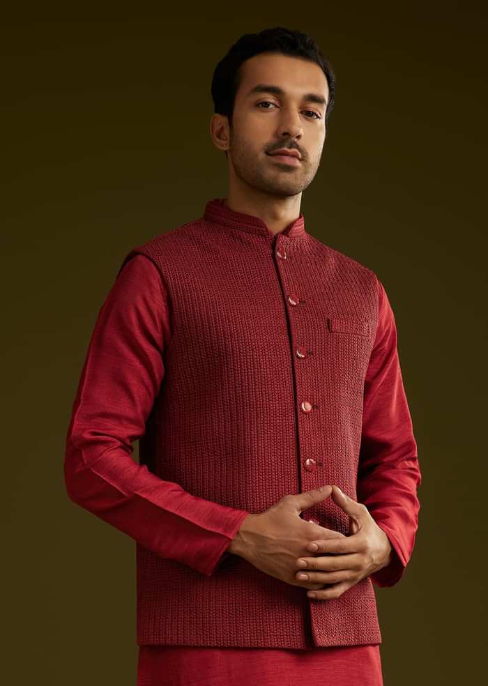 Red Rayon Kurta Jacket Set