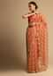 Red Saree In Organza With Striped Print All Over And Moti Embroidered Border Along With Unstitched Blouse