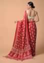 Red Saree In Satin Blend With Floral And Batik Print Online - Kalki Fashion