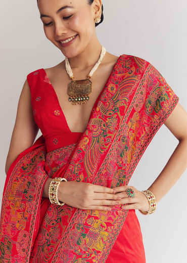 Red Saree With Traditional Floral And Animal Prints