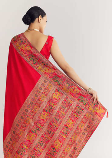 Red Saree With Traditional Floral And Animal Prints