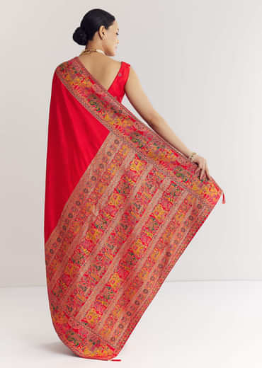Red Saree With Traditional Floral And Animal Prints