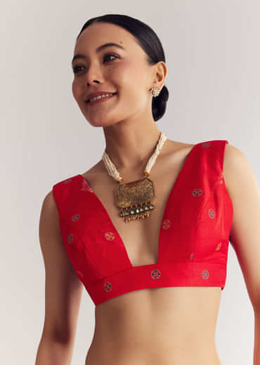 Red Saree With Traditional Floral And Animal Prints
