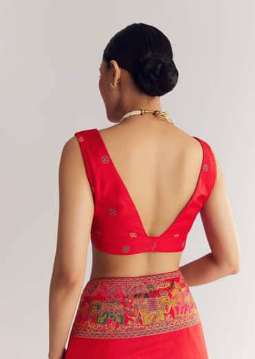 Red Saree With Traditional Floral And Animal Prints