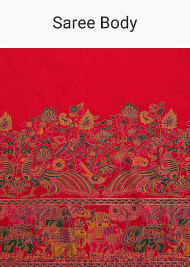 Red Saree With Traditional Floral And Animal Prints
