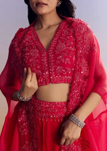 Red Satin Crop Top Set With Embroidered Organza Cape