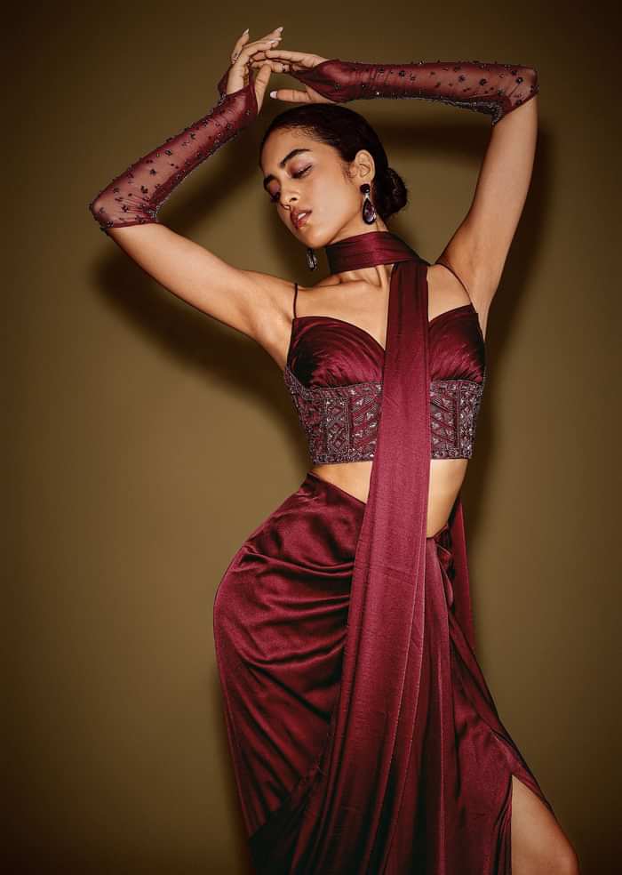 Red Satin Drape Skirt With Embroidered Blouse And Drape Dupatta