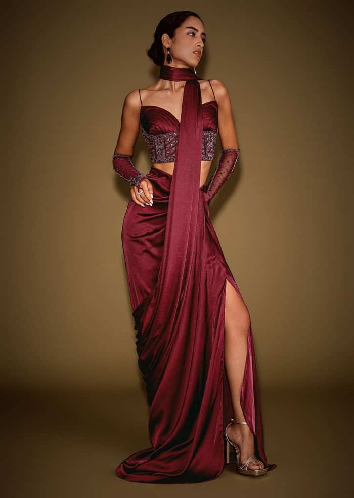 Red Satin Drape Skirt With Embroidered Blouse And Drape Dupatta