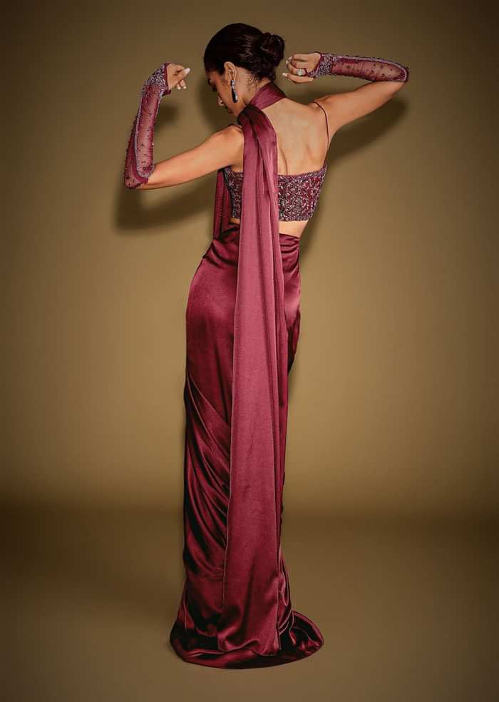 Red Satin Drape Skirt With Embroidered Blouse And Drape Dupatta