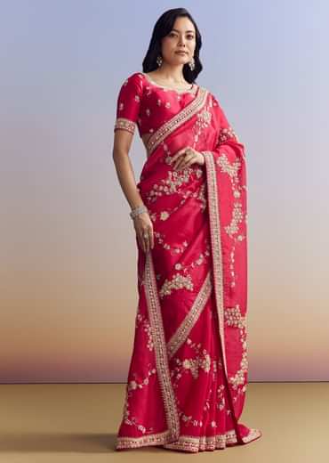 Red Satin Saree With Full Jaal Embroidery