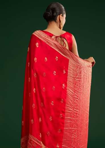 Red Satin Saree With Zari Weave