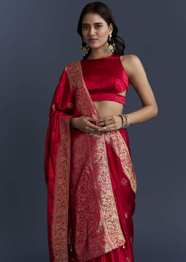 Red Satin Woven Saree With Zari Work