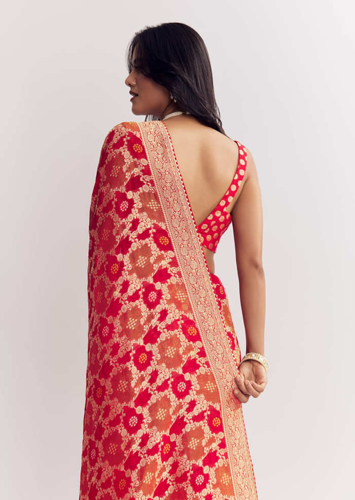 Red Shaded Dola Silk Saree With Zari Jaal Work
