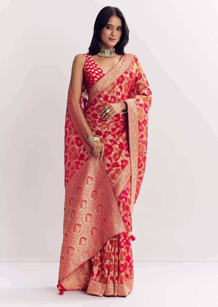 Red Shaded Dola Silk Saree With Zari Jaal Work