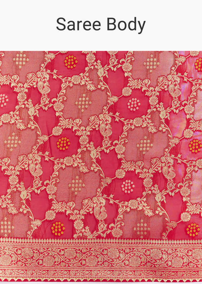 Red Shaded Dola Silk Saree With Zari Jaal Work