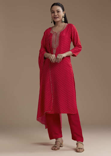 Red Silk Bandhani Print Kurta Set with Zari Work
