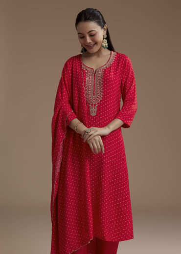 Red Silk Bandhani Print Kurta Set with Zari Work