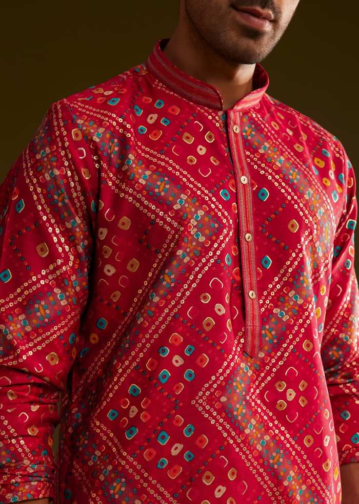Red Silk Bandhani Printed Kurta Set