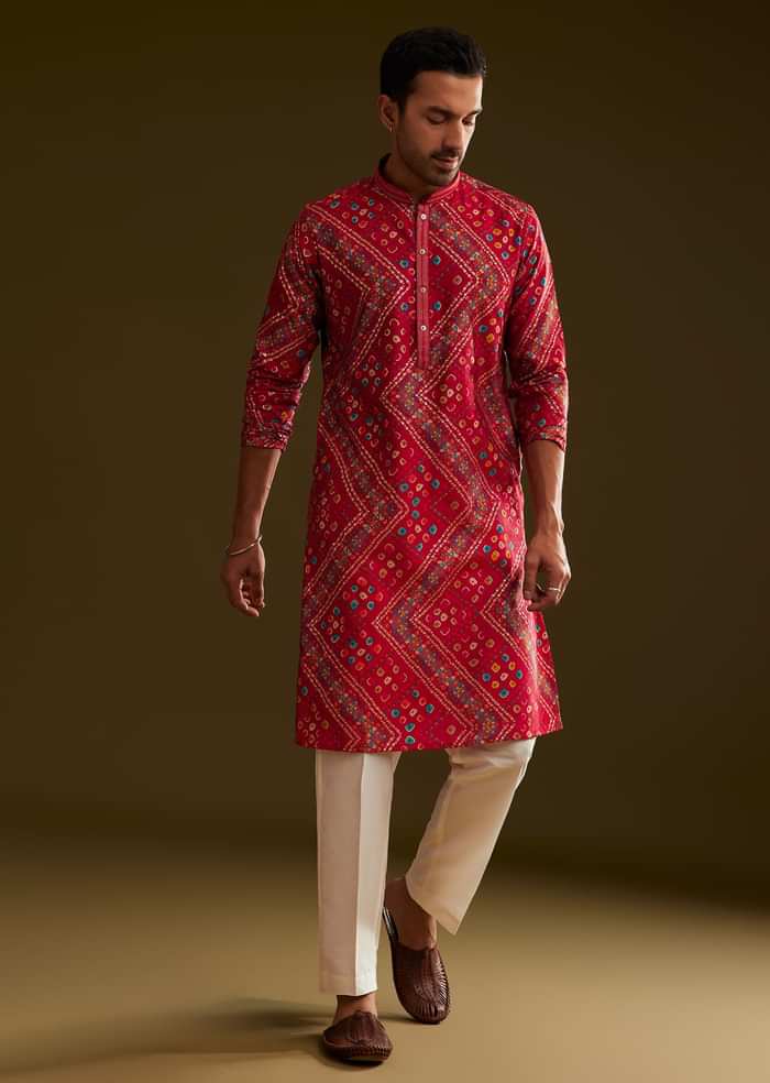 Red Silk Bandhani Printed Kurta Set