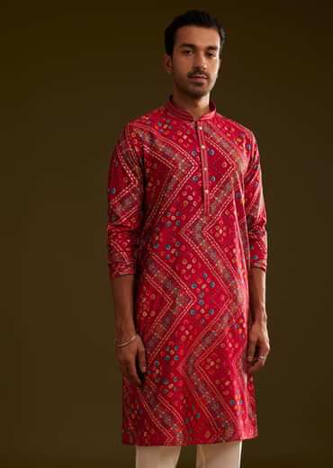 Red Silk Bandhani Printed Kurta Set