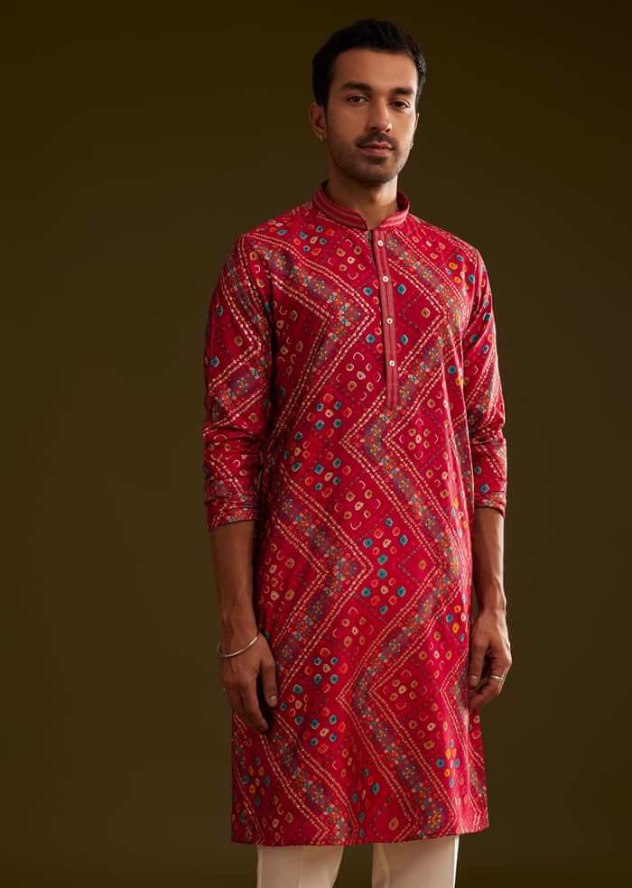 Red Silk Bandhani Printed Kurta Set