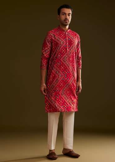 Red Silk Bandhani Printed Kurta Set