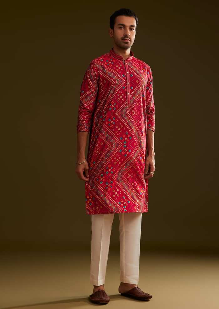 Red Silk Bandhani Printed Kurta Set