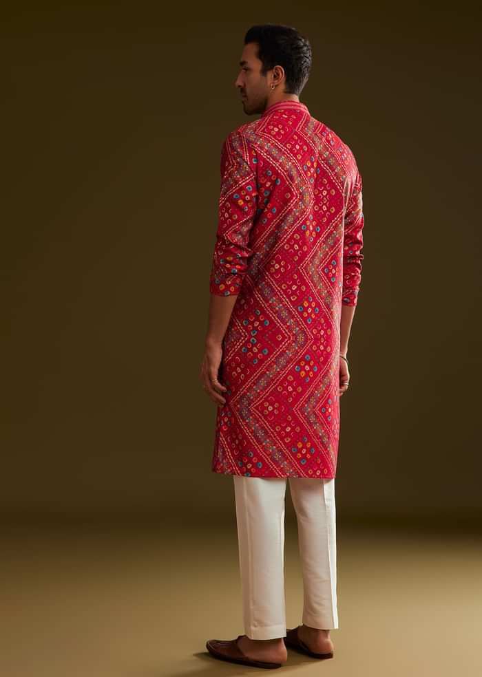 Red Silk Bandhani Printed Kurta Set