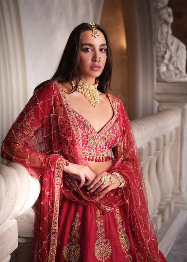 Red Silk Bridal Lehenga With Heavy Zardosi Work and Embroidery