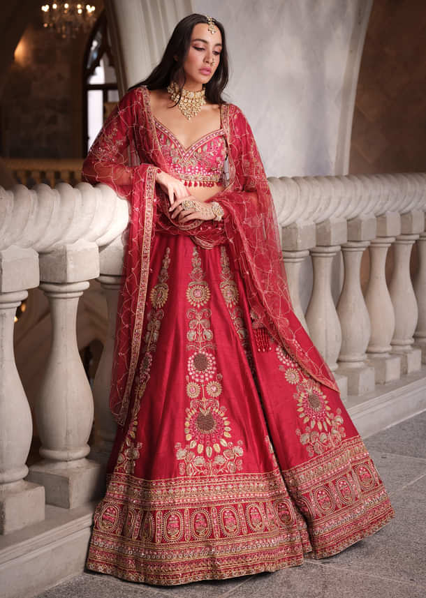 Red Silk Bridal Lehenga With Heavy Zardosi Work and Embroidery