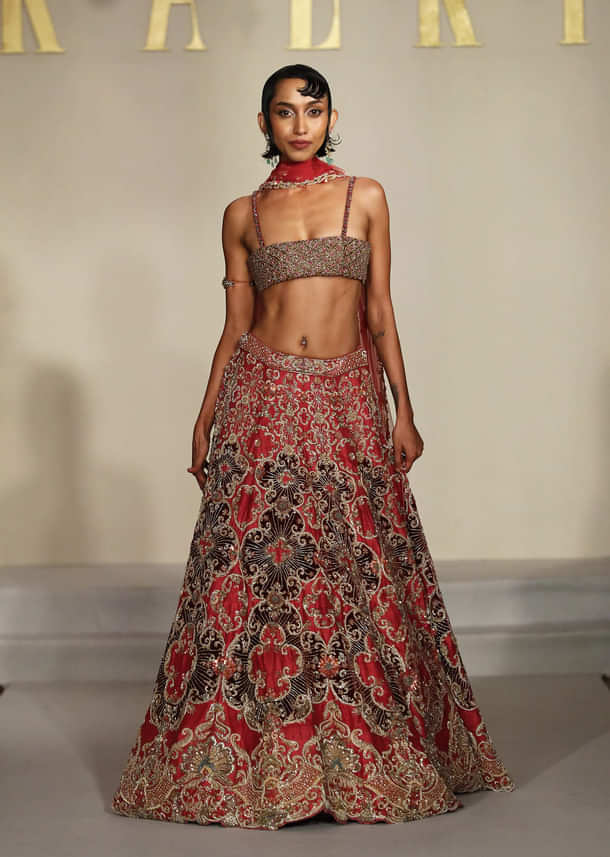 Red Silk Bridal Lehenga With Zardosi And Sequins Embroidery