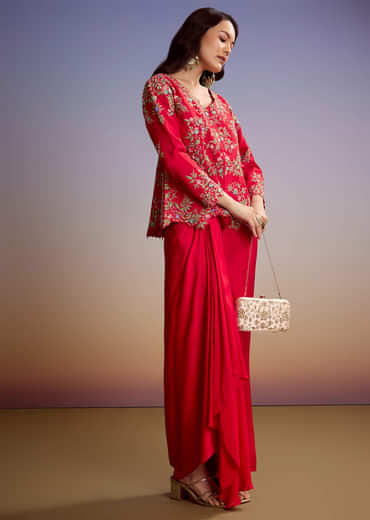 Red Silk Crop Top And Drape Skirt With Resham Work