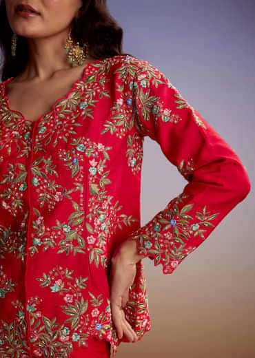 Red Silk Crop Top And Drape Skirt With Resham Work