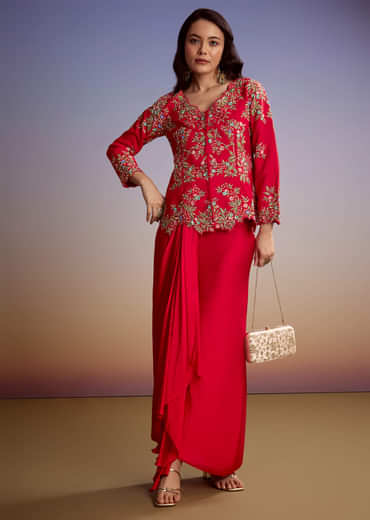 Red Silk Crop Top And Drape Skirt With Resham Work
