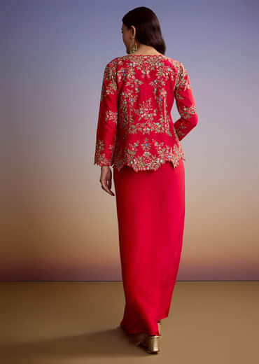 Red Silk Crop Top And Drape Skirt With Resham Work