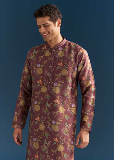 Red Silk Floral Kurta Set For Men With Mirror Embroidery