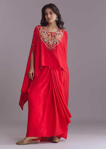 Red Silk Kaftan Top And Drape Skirt Set With Embroidery