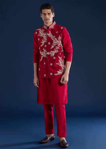 Red Silk Kurta and Jacket Set with Mirror Work