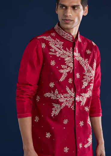 Red Silk Kurta and Jacket Set with Mirror Work