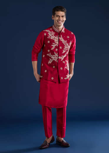 Red Silk Kurta and Jacket Set with Mirror Work