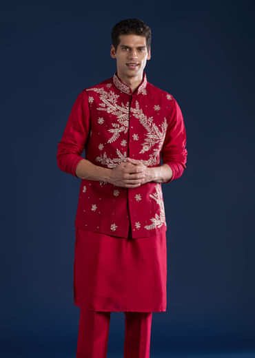 Red Silk Kurta and Jacket Set with Mirror Work