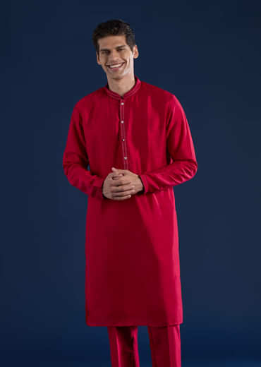 Red Silk Kurta and Jacket Set with Mirror Work