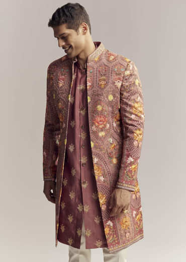 Red Silk Kurta Jacket Set For Men With Open Jacket Style